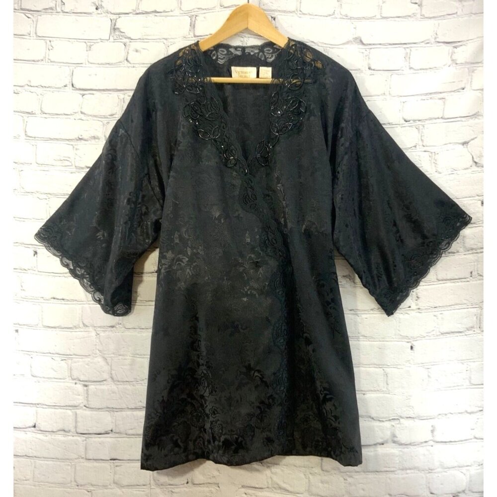 Victorias Secret Black Kimono Robe Vintage 90’s Lingerie Lace Trim Glam Mob Wife